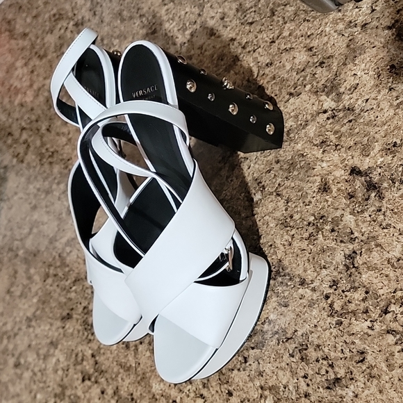 Versace Medusa Studded White Leather Platform Sandals - Picture 1 of 17